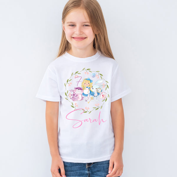 Alice in Wonderland T-shirt with  a whimsical design. Crafted for comfort and style, perfect for Wonderland enthusiasts. Price is for the T-shirt only. Available in various sizes for a magical and curious addition to your wardrobe.