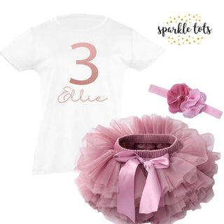 Adorable 3rd birthday outfit for girls with the option to choose top only or complete set with tutu and bow. Personalise with your child's name for a special touch. Perfect for a memorable birthday celebration.