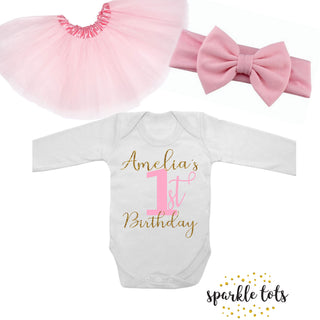 1st Birthday outfit - girls birthday pink personalised gold glitter outfit - one romper onesie - cake smash outift - first birthday tutu set