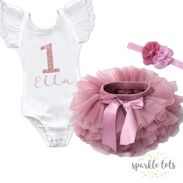 Elegant 1st Birthday Outfit in Dusty Pink from Sparkle Tots – a sophisticated tutu set with a bow for your little one's special celebration.