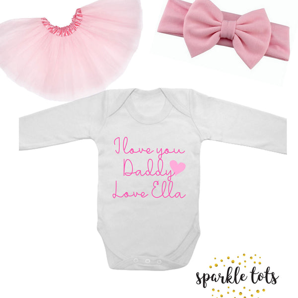 "Cute Baby Girl Outfit - Gift for Dad - Choose from Bodysuit Only or Full Set with Tutu and Headband. Available in various colours and styles for a personalised touch."  Feel free to adjust the language based on your brand's tone and style. If you have specific keywords or details you'd like to include, feel free to let me know!