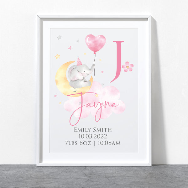 Elephant personalised nursery print with custom baby name