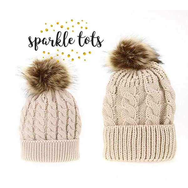Mummy and baby matching pom pom hats set