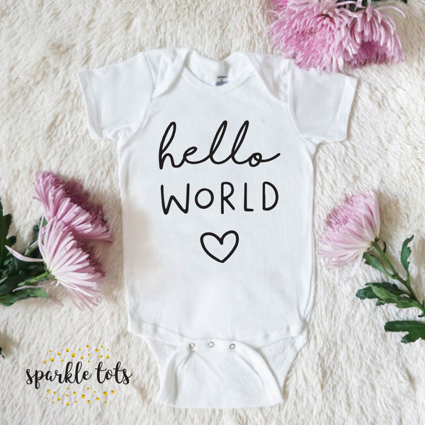 hello world baby outfit, baby girl, baby grow 