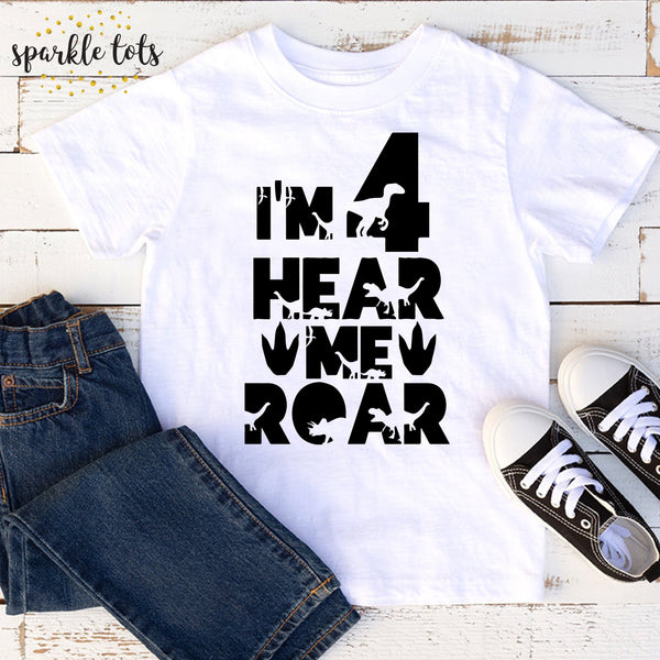 Adorable 4th birthday dinosaur shirt for your little explorer. Customise with your child's name for a roaring touch. Available in various sizes for a comfortable fit.