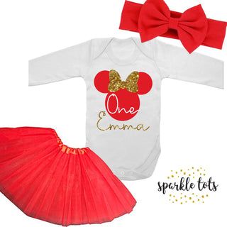Charming Minnie Mouse 1st Birthday Outfit in Red from Sparkle Tots – customizable with long or short sleeve options, and the choice of vest only or a full set with a matching red tutu and bow for your little one's magical celebration.