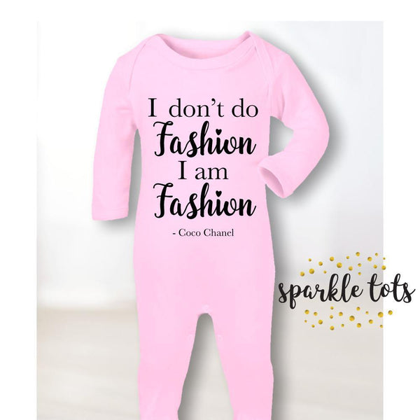 designer baby gifts - designer inspired baby clothing - Coco Quotes I don't do fashion I am fashion, chanel baby onesie romper baby gifts
