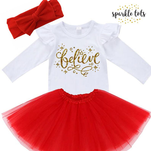 "Believe 1st Christmas Outfit - Baby Grow or Full Set - Sparkle Tots"