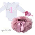 Adorable 1st Birthday Pink Tutu Outfit from Sparkle Tots – featuring an elegant, personalised vest, available with the option of a pink tutu and bow for your little girl's special celebration.