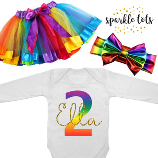 Girls Rainbow Birthday outfit Tutu Set - Rainbow Top T-shirt 1st 2nd 3rd 4th 5th 6th 7th 8th personalised rainbow cake smash party outfit